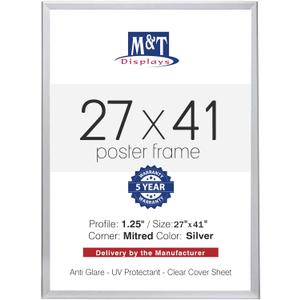 M&T Displays Snap Poster Frame Silver 1.25" Aluminum Profile Front Loading Wall Mounting Photo Picture Document Certificate Sign Holder Mitered Corner Anti Glare Cover (Silver, 27x41 in)