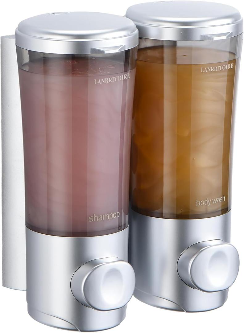 Shampoo and Conditioner Dispenser, Shower Soap Dispenser 2 Chamber No Drill Wall Mounted Shampoo Dispenser Shower Dispenser for Bathroom Hotel Large Capacity,Silver
