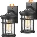 Dusk to Dawn Outdoor Wall Lighting Outdoor Wall Lantern with Sensor Exterior Wall Light Anti-Rust Porch Light Fixtures Wall Mount Waterproof Wall Sconce with Seeded Glass for House Patio Garage (DIA-6.7"Medium-2 Pack, Black)