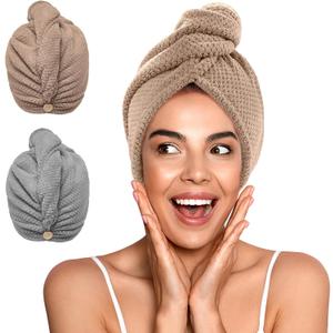 YFONG 2 Pack Microfiber Hair Towel Wrap for Women, Super Absorbent Quick Dry Hair Turban for All Hair Style Anti Frizz, Large Hair Drying Towel with Button (Standard: 26"X10", Gray/Brown)
