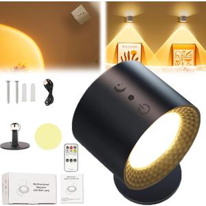 Smart Lights Wall Lamp, LED Wall Light for Pictures, Rechargeable 3 Color Temperatures Dimmable Magnetic 360° Rotation Cordless Wall Sconce for Study Bedroom Reading Hallway Bedside (1Set Black)