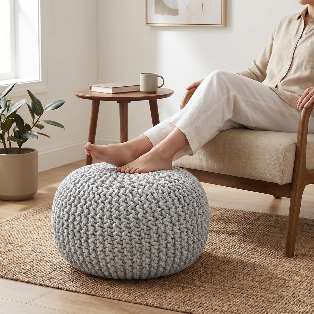 Palisa Grey Pouf Ottoman 20x20x14 Inches | Knitted Round Pouffe for Extra Sitting | Multipurpose Accent Seating for Living Room and Bedroom