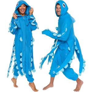 Funziez! Sea Creatures Onesie Lobster, Clown Fish, Hammerhead Shark, Octopus, Squid - Plush Adult Animal Costume Jumpsuit (Small, Blue)