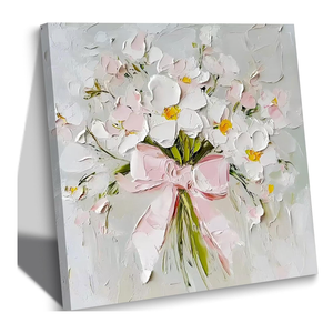 Bow Floral Canvas Wall Art Farmhouse Aesthetic Flower Poster Print Pink and White Coquette Picture Abstract Eclectic Bouquet Painting Preppy Artwork Wall Decor for Living Room Bedroom 16x16in Framed
