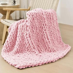 Bigacogo Chunky Knit Throw Blanket for Couch, 40x40 inches, 100% Hand Knitted with Thick Jumbo Chenille Yarn, Cozy Soft Large Rope Knot Cable Crochet Blankets for Sofa Bed Living Room, Blush Pink