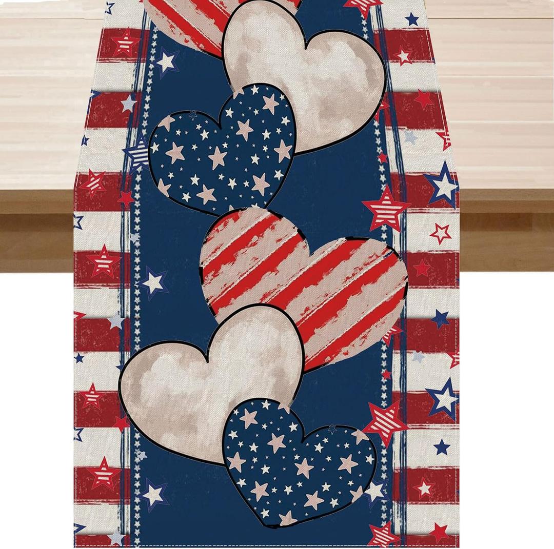 4th of July Table Runner Stripe Stars Heart Memorial Day Independence Day Patriotic America Table Decoration Home Kitchen Dining Indoor Holiday Farmhouse Decor 13x72 Inch