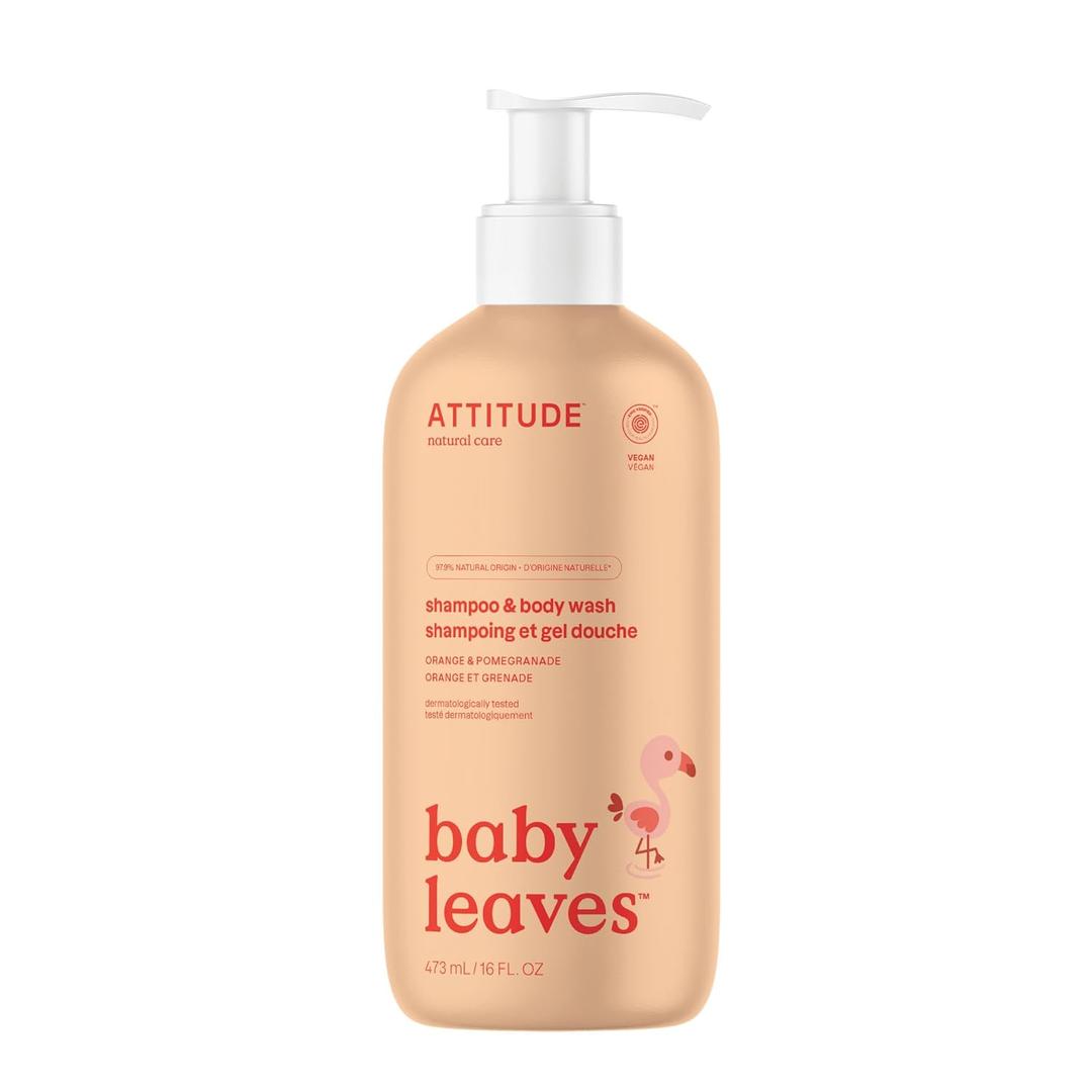 ATTITUDE 2-in-1 Shampoo and Body Wash for Baby, EWG Verified, Dermatologically Tested, Vegan, Orange and Pomegranate, 16 Fl Oz