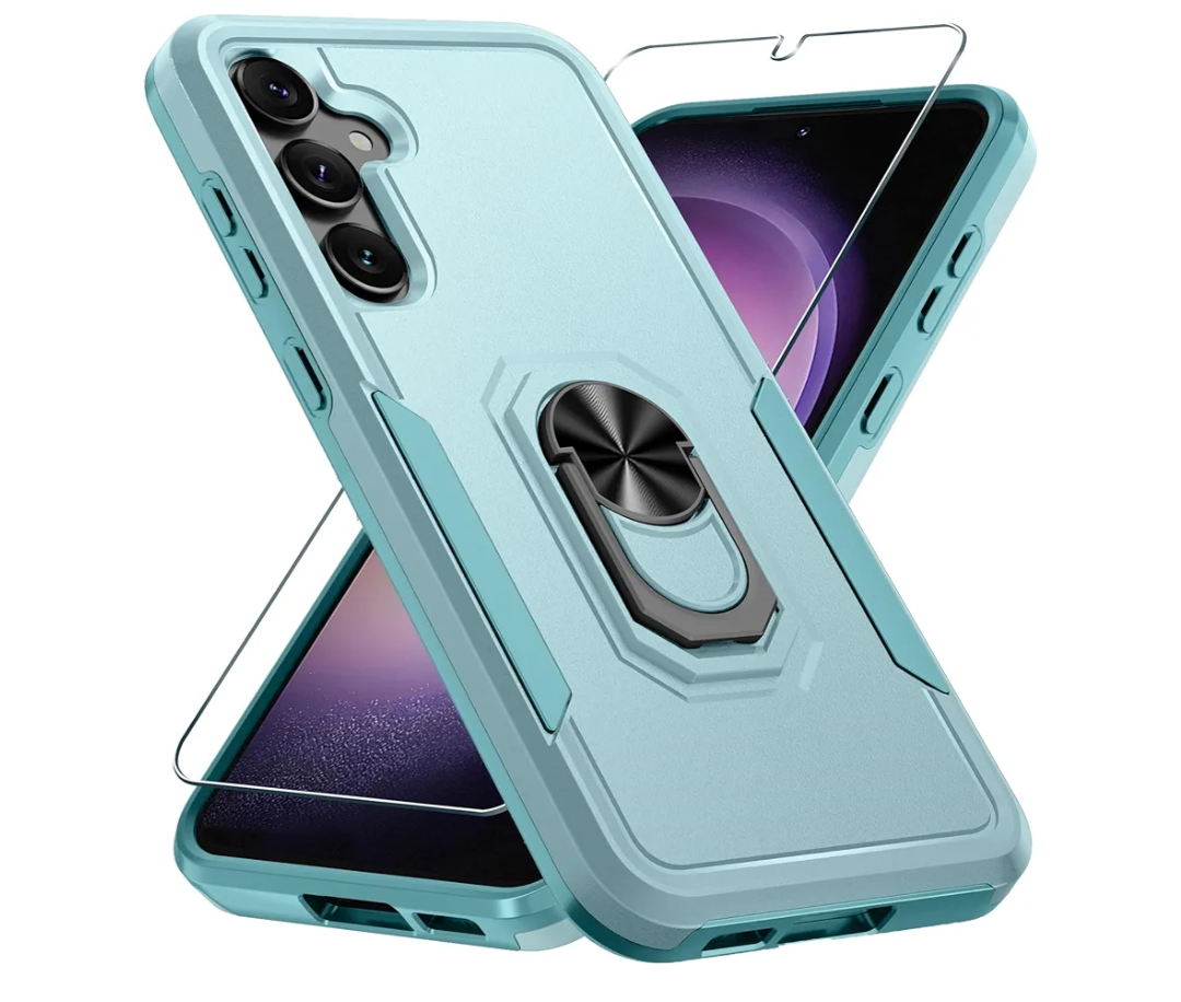 Compatible with Samsung Galaxy S24/S25 Case with Screen Protector Tempered Glass,Heavy Duty Shockproof Full Body Phone Cover Built in Metal Ring Holder Kickstand,2025 Mint Green