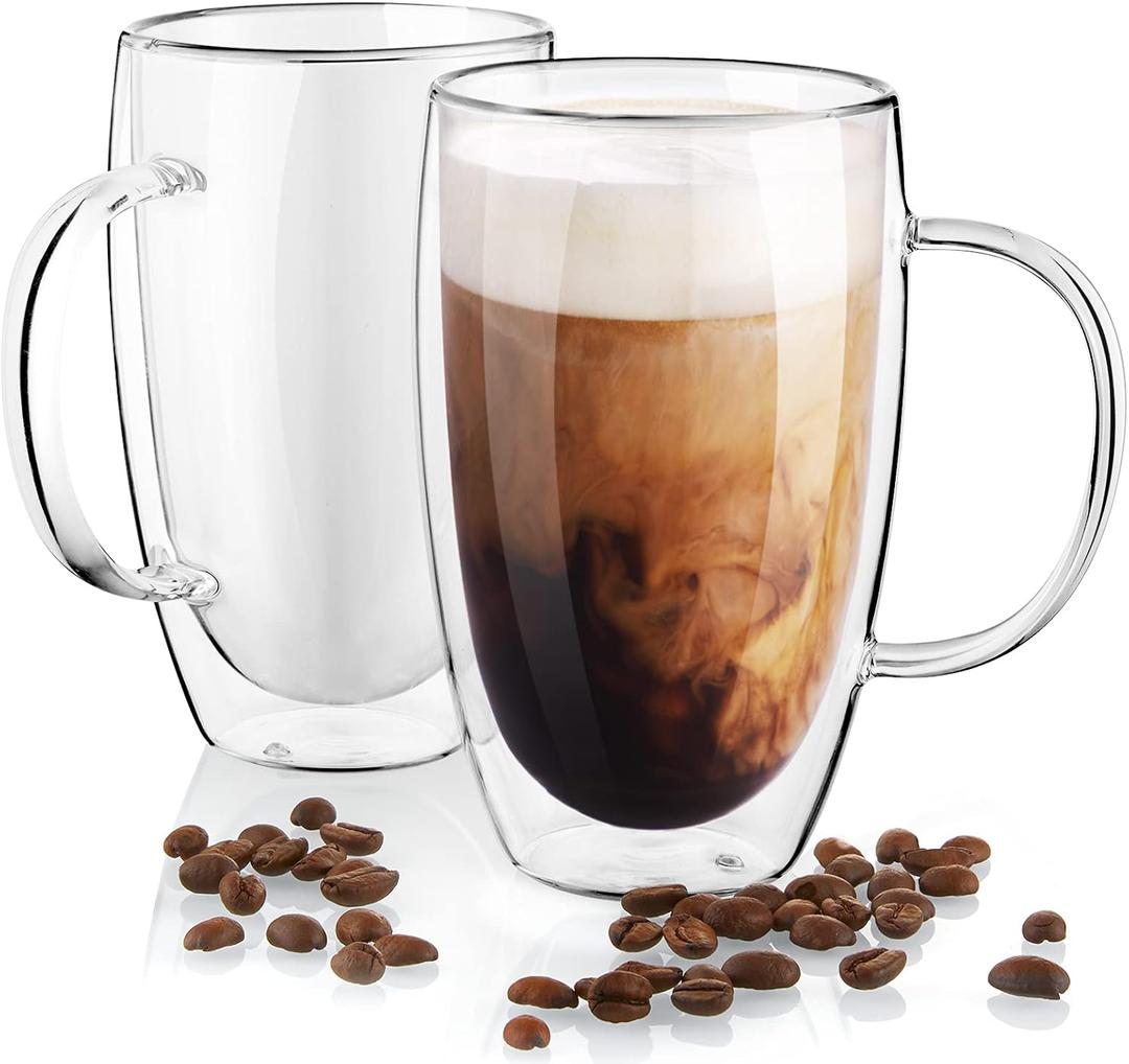 Bivvclaz Double Wall Glass Coffee Mugs Set of 1, 16 oz Insulated Coffee Mug with Handle, Clear Borosilicate Glass Coffee Cups for Cappuccino, Tea, Lightweight and Microwave Safe