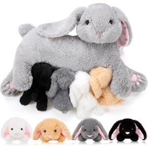 HyDren 5 Pcs Bunny Stuffed Animal with Babies, 15 Inch Stuffed Bunny with 4 Baby Rabbits in Her Belly, Soft Rabbit Plush Toys for Kids, Boys, Girls Birthday Baby Shower(Gray)