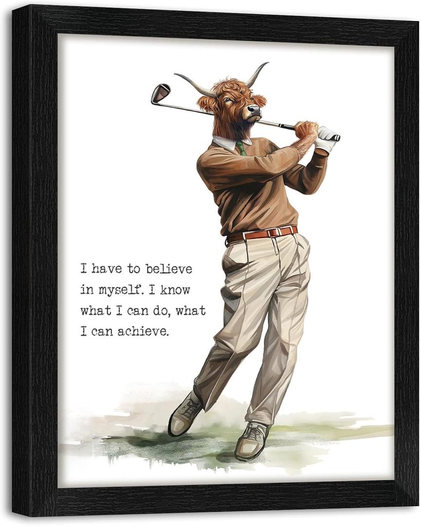 Funny Highland Cow Wall Art Motivational Wall Decor 8x10 Inches, Framed Inspirational Quotes Sports Poster Prints Animal Canvas Pictures for Golf Decor Living Room Office Art
