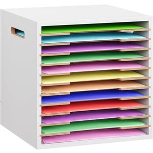 ToBeAce 12x12 Scrapbook Paper Storage Organizer Wood, 12 Tier Desk File Organizer with Handle, Stackable Paper Sorter Holder with Adjustable Shelves for Craft Room Home Office Classroom Desktop, White