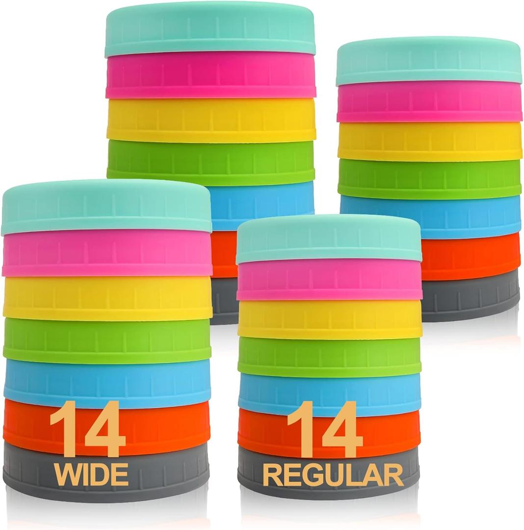 AOZITA [ 28 Pack ] Plastic Mason Jar Lids Fits Ball, Kerr & More - 14 Wide Mouth & 14 Regular Mouth - Colored Storage Caps for Canning Jars, Dishwasher Safe & Food Grade