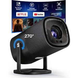 Built-in Officially-Licensed Apps & 500 ANSI Lumens & Full AutomaticBoldEver 2026 Upgraded Mini Smart Projector with WiFi 6 and Bluetooth, 270 Adjustable Stand, Movie Projector Indoors Outdoors