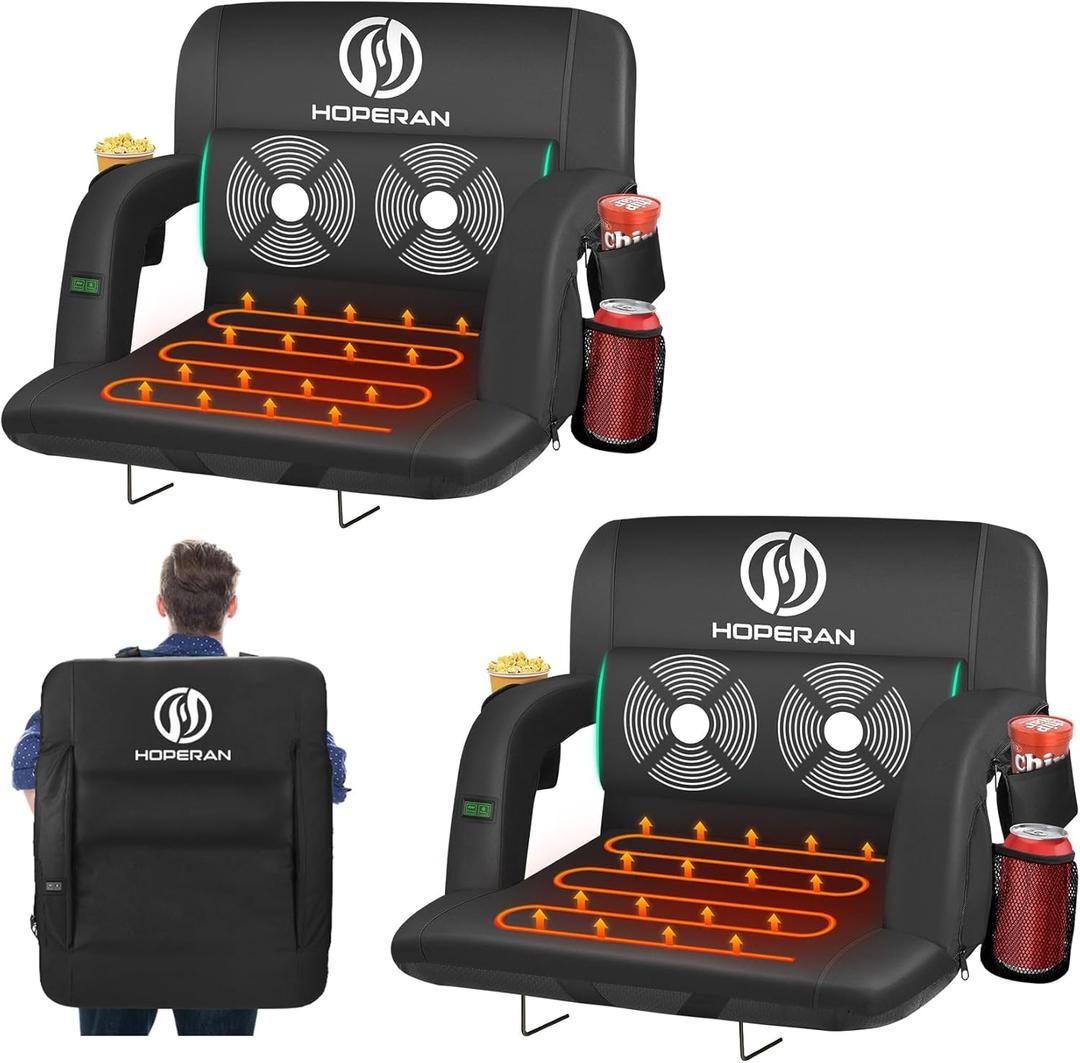 HOPERAN Massage Heated Stadium Seats for Bleachers with Back Support & Lumbar Pillow, 3 Level Heating & 6 Modes Massage Portable Heated Stadium Chairs for Bleachers (2pc Black)
