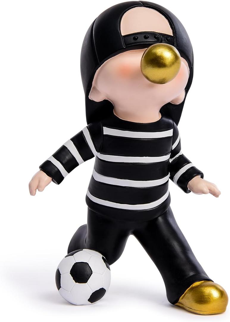 JZ·HOME Kids Figurines Home Decorations, Cute Boy Blowing Bubble Playing Football Statue Resin Small Sculpture Ornaments for Indoor Cool Tabletop Bookshelf Decor (Black)