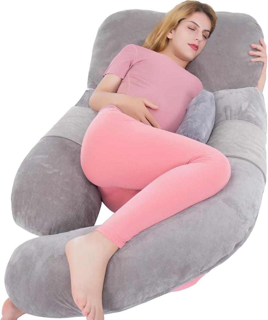 60in Full Body Pillow | Nursing, Maternity and Pregnancy Body Pillow | Extra Large U Shape Pillow and Lounger with Detachable Side, Separate Support Pillow and Removable Cover (Grey)