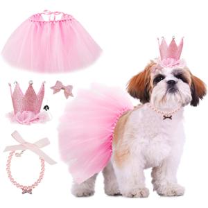 Dog Birthday Outfit Pink Tutu Dogs Birthday Party Supplies Dog Birthday Hat Necklace and Bowtie Hairpin for Dogs (16-23 inch Wrist)