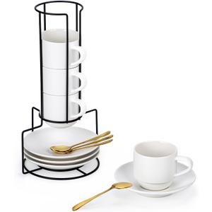 Lareina 8 Ounce Porcelain Cappuccino Cups Set of 4, Stackable Coffee Cups with Saucers, Spoons and Metal Stand -for Specialty Coffee Drinks, Cappuccino, Latte, Americano and Tea, White