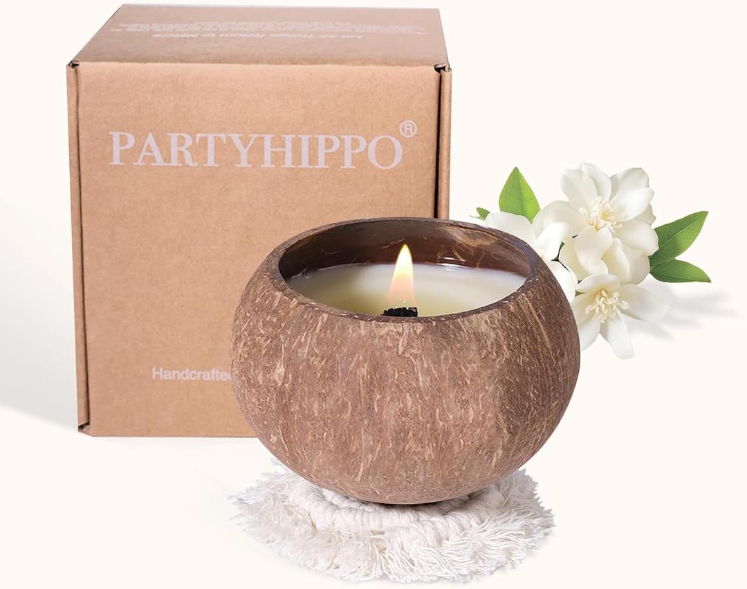 PARTYHIPPO Natural Aromatherapy Scented Candle  60-Hour Burn | 100% Soy Wax | Clean Burning Rosewood Wick | Coconut Shell Home Gift Candle (Sandalwood Rose)