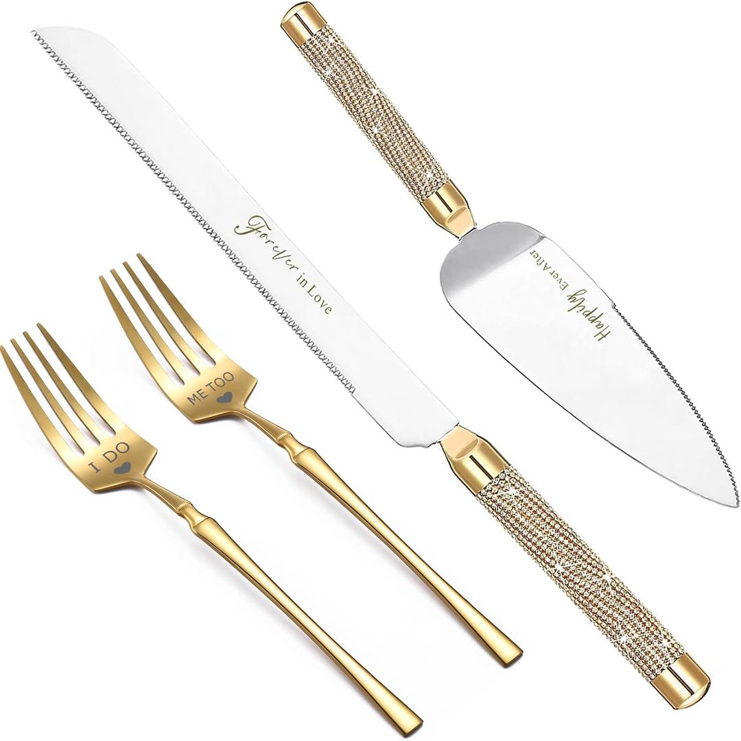 ROXBURGH Wedding Cake Knife and Server Set, 420 Stainless Steel Gold Cake Cutter and Pie Server Slicer, Rhinestones Studded Handle Cutting Set for Wedding, Engagement Present for Groom and Bride