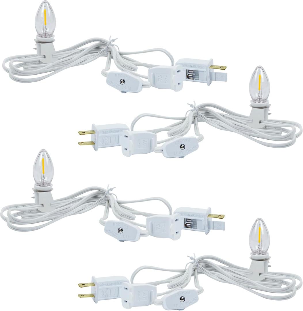 4 Pack Accessory Cord with LED Night Light Bulbs - White Cord with On/Off Switch Plugs - C7 led Bulb Warm White with Spare Fuse, for Holiday Decoration and Craft Village House Decoration