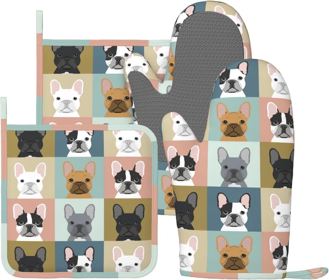 Fun Dog French Bulldog Oven Mitts And Pot Holders Sets, 4pcs Silicone Non-Slip Kitchen Mitts Potholders Heat Resistant Bbq Gloves Hot Pads For Cooking Grilling Baking Microwave Chef Gifts Decor (6)