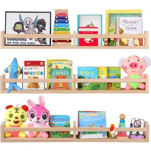 birola Nursery Book Shelves for Wall Set of 3，Natural Wood Wall Bookshelves for Kids Room(32 inches Set of 3)