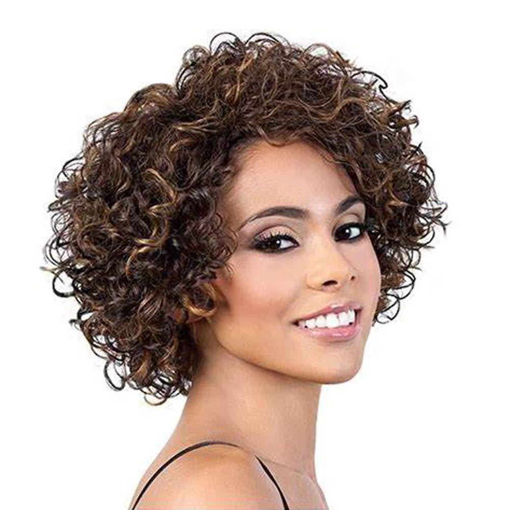UDU Short Curly Human Hair Wigs For Black Women with Bangs Highlighted Brown Mixed Color Non Lace Glueless Piano Colored Side Part (P 4/30)