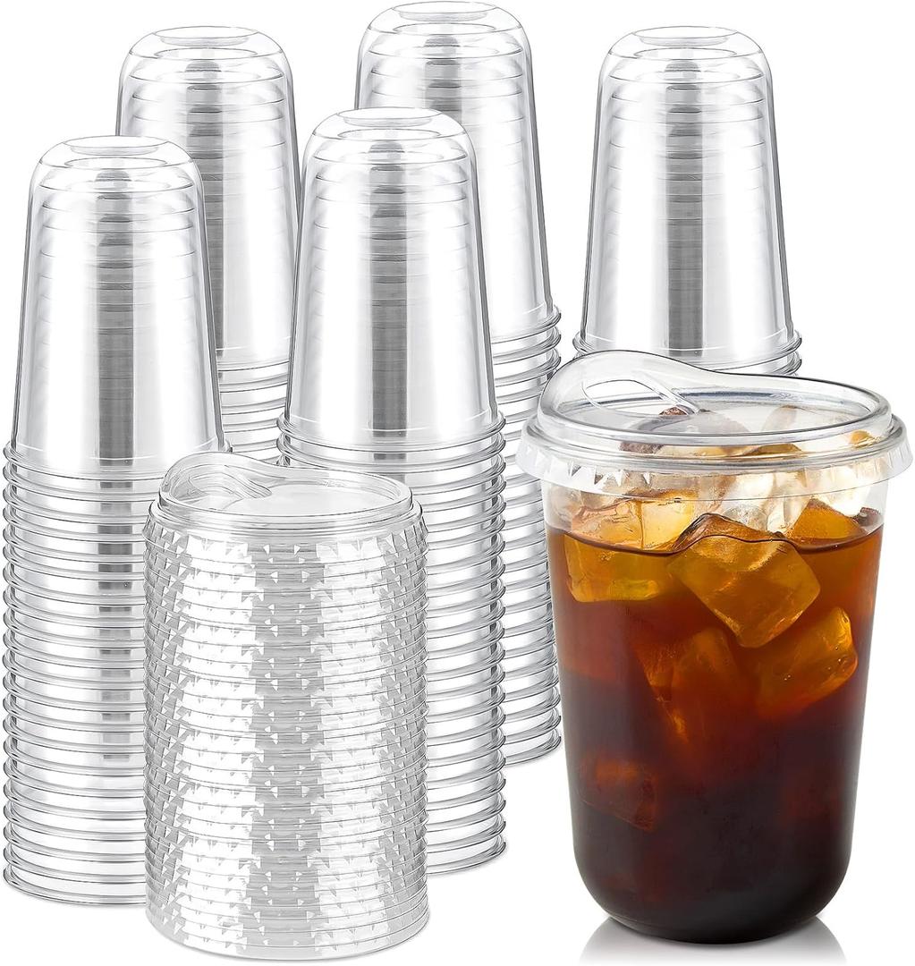 Round Bottom Clear Plastic Cups with Sip Lids, 100 Sets, 16 Oz Disposable Iced Coffee Cups with Strawless Lids To Go Cold Drink Cups for Smoothies, Juices, Party Catering