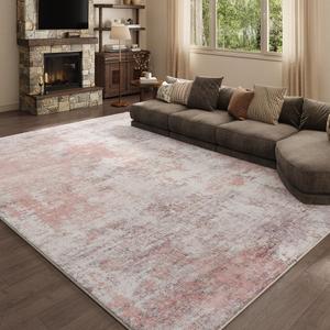 9x12 Pink Gray Washable Area Rug for Living Room, Vintage Print