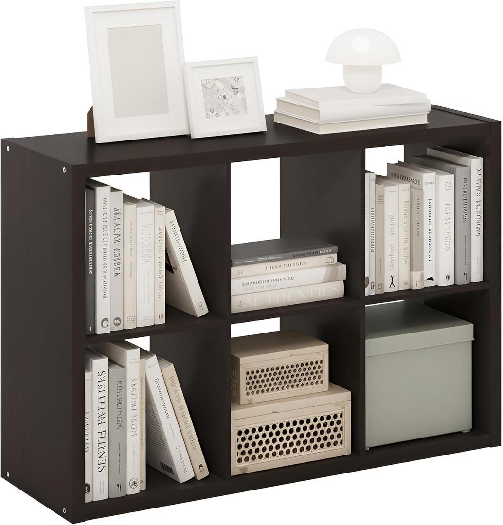 Furinno Cubicle Book Shelf, 6-Cube Bookshelf, Extra Thick Frame Horizontally & Vertically Reversible Bookcase with Open Back, 14.6" x 44" x 30", for Living Room, Bedroom, Home Office, Black Dark Oak, 6-cube,1.2in