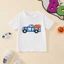 Toddler Boy Halloween Outfit Truck Pumpkin Embroidered T-shirt+Striped Shorts Fall Set (White)