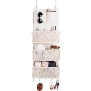 ANTIS'S HOME Over The Door Organizer Boho Bedroom Decor Nursery Storage with 3 Large Woven Pockets, Macrame Nursery Organizers and Toys Storage, Behind Door for Bathroom, Beige Back of Door Organizer