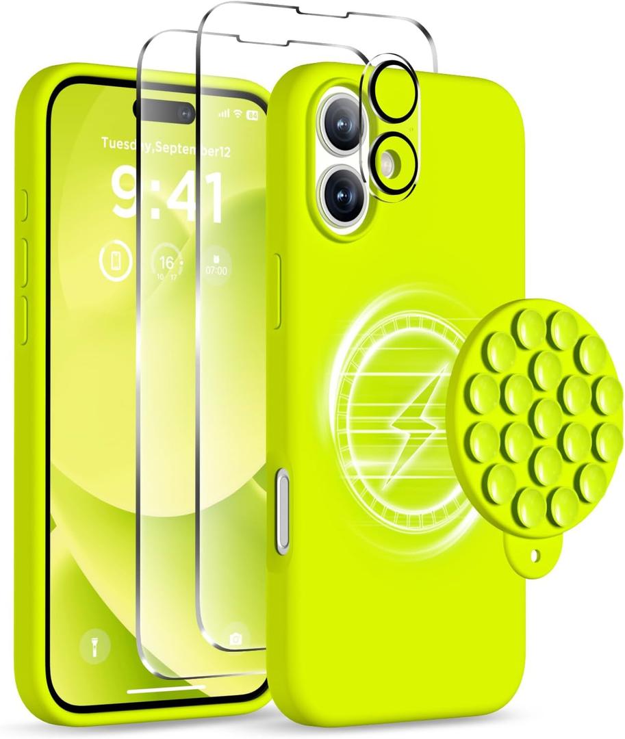 Magnetic for iPhone 16 Case, Compatible with Magsafe, Suction Cup Phone Mount, [2 Screen Protectors][Camera Lens Protector] Silicone Shockproof Protective Slim Phone Cover 6.1", Neon Yellow