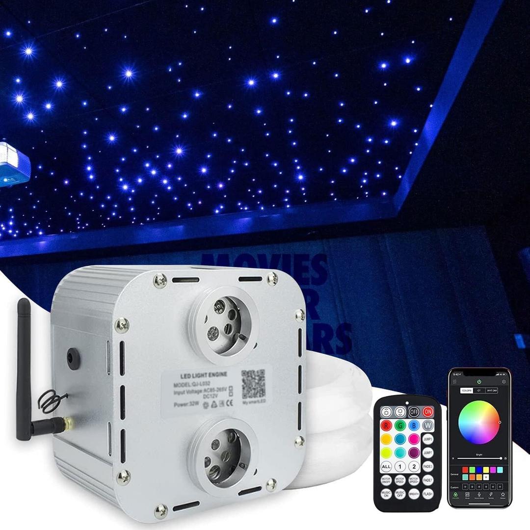 AMKI High Brightness Dual Color 32W Twinkle 2300pcs 0.03in 16.4ft Fiber Optic Starlight Headliner Kits RGBW Sound Activated APP/Remote Control Light Box for Movie Theater Home Ceiling Decor