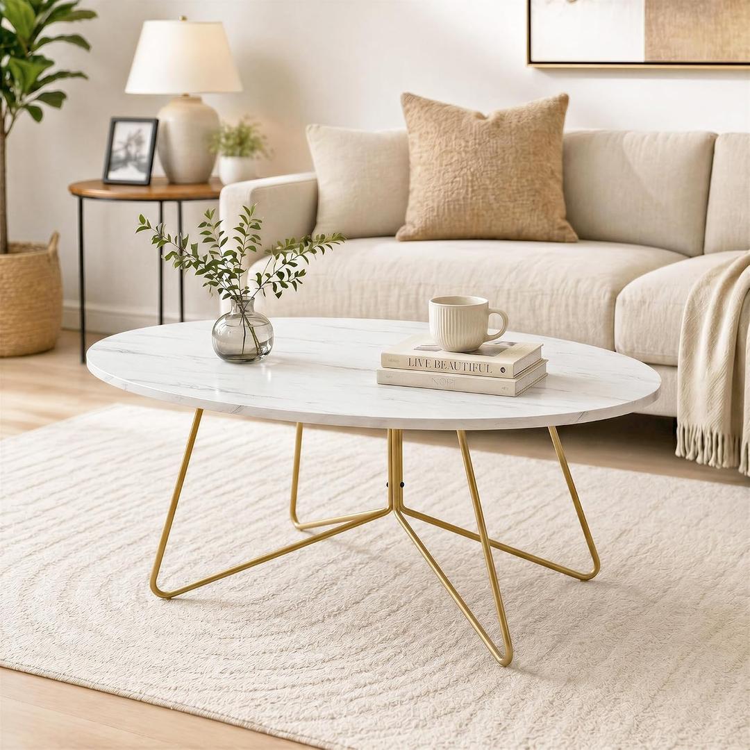 MWOOD Small Oval Coffee Table for Living Room, Gold Curved Metal Legs, 35.46" x 21.67" x 16.94"