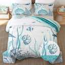 Djoymock Coastal Quilts Bedding Set Queen Size, Summer Green Fish Coral Nautical Bedding Quilt Set with Pillow Cases, Ocean Beach Reversible Bedspreads Coverlet Soft Microfiber Lightweight Comforter
