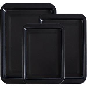 Nonstick Baking Sheet Pan Set - Cookie Sheets for Oven - 3 Piece Carbon Steel Bakeware Set - 9x13in, 10x15in, 11x17in with Extended Grips - Sturdy & Easy Clean - Black