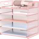Sinboun Letter Tray Paper Organizer 5-Tier Desk Organizer File Organizer Paper Holder with Handle, Metal Desktop Document Shelf Tray Office Classroom Organization - Pink, PK5CENGTISHOU