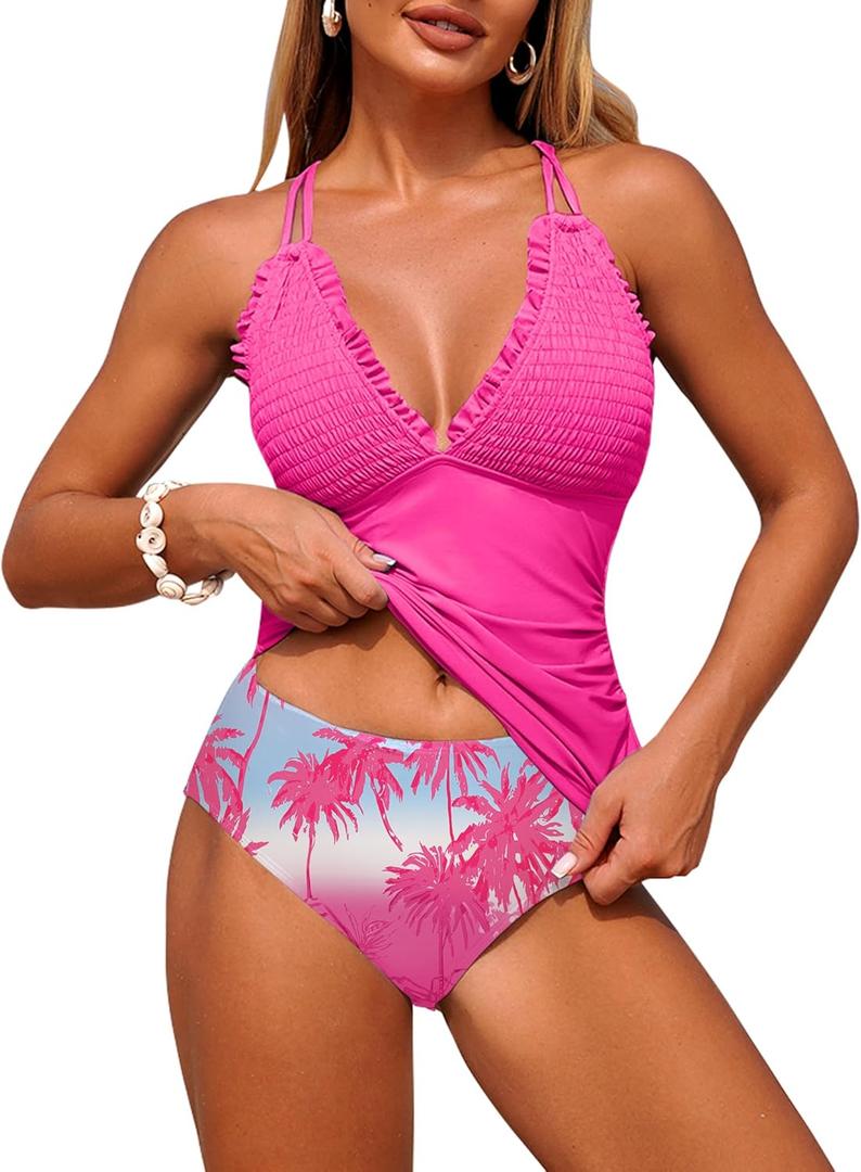 ZAFUL Tankini Swimsuits for Women Smocked Two Piece Tankinis Modest Tummy Control Bathing Suit Adjustable Straps Push Up Swimsuits with High Waisted Bottom Slimming Full Coverage Swimwear Hot Pink S