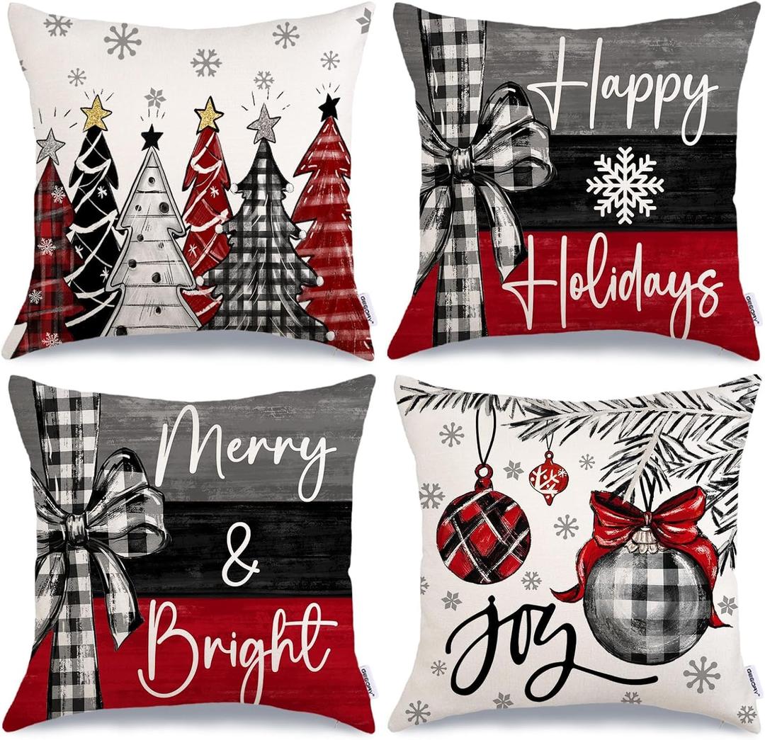 GEEORY Christmas Throw Pillow Covers 18 x 18 Inch Set of 4, Xmas Trees Merry and Bright Happy Holidays Farmhouse Decorative Cushion Cases for Home Decoration G418-18 (Multicolor)
