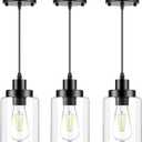 Industrial Pendant Lighting, Modern Clear Glass Shade Farmhouse Adjustable Hanging Light Fixtures for Kitchen Island Living Room Bedroom Hallway, 3-Pack (Black)