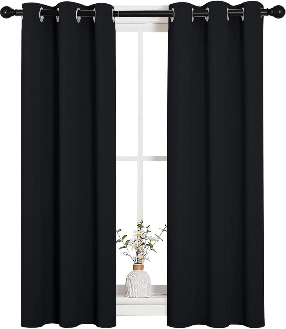 NICETOWN Living Room Blackout Curtains and Drapes, Black Solid Thermal Insulated Grommet Blackout Drapery Panels for Window (2 Panels, 29 inches Wide by 45 inches Long, Black)