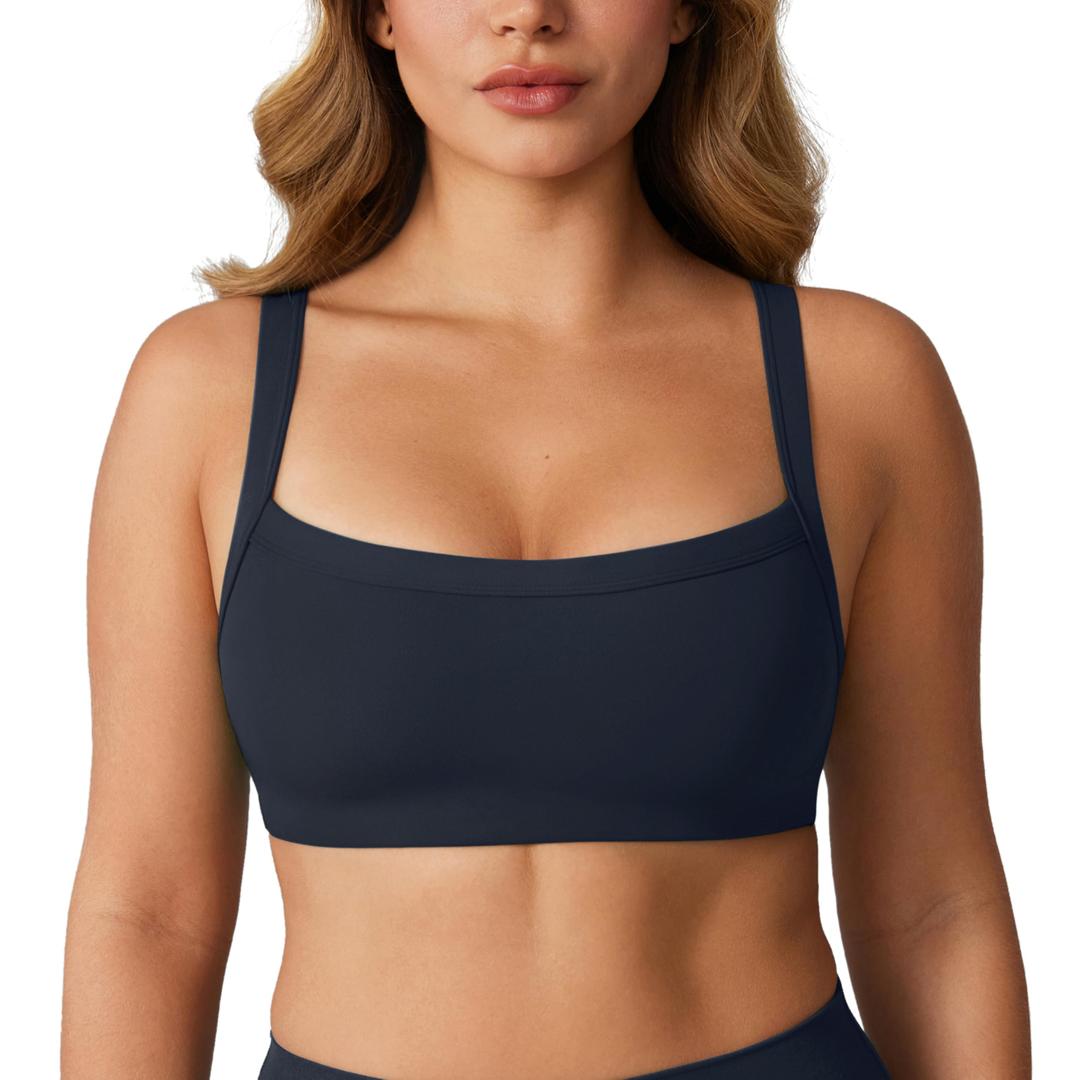Hugcurve Adjustable Sports Bra Square Neck Wireless Padded Yoga Workout Tops, Dark Blue, Small