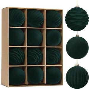 Waipfaru 12Pcs Velvet Ornaments for Christmas Tree, 3.15 Inch Dark Green Velvet Christmas Ornaments Balls Set, Large Shatterproof Flocked Hanging Ornaments for Xmas Tree Wreath Garland Home Decor