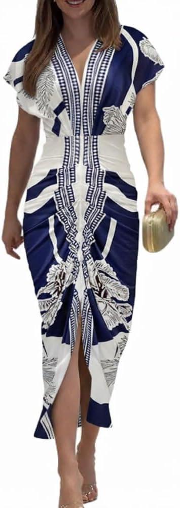 CHICME Summer Dresses for Women Plunge V Neck Ruched Midi Dress | Floral Print and Solid Casual Slit Bodycon Dress, Short Sleeve Stretch Fabric, Daily, Party, Vacation Wear, XL