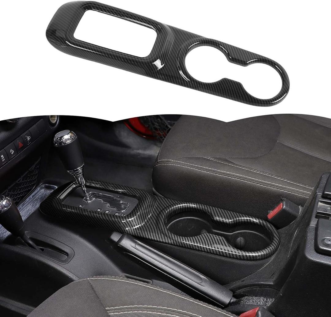 RT-TCZ Gear Shift Panel Trim Cover Cup Holder Trim Cover Decoration Interior Accessories Compatible with Jeep Wrangler JK JKU 2011-2017,Black Carbon Fiber