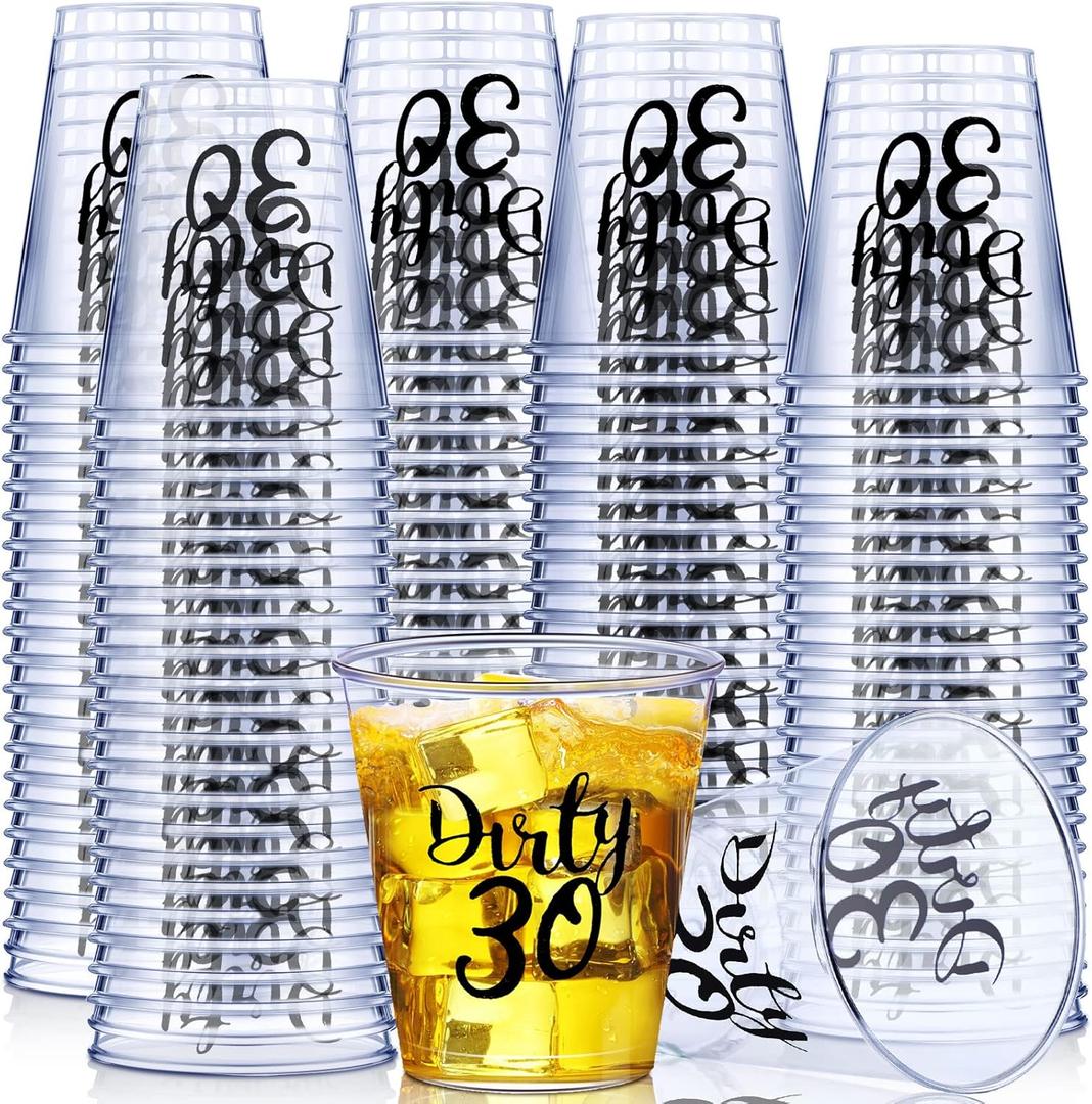 Nuogo 100 Pcs Dirty 30 Plastic Shot Glasses 2 oz Plastic Disposable Cups, 30th Birthday Party Favors for Her and Him Dirty Thirty Birthday Decorations 30th Clear Whiskey Glasses Anniversary(Black)