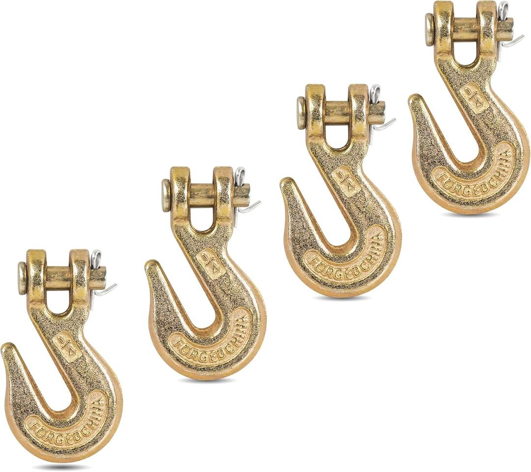 1/4"" Clevis Grab Hooks (4 Pack) Heavy Duty Chain Hook for 1/4 Inch Grade 70 Chain Forged Alloy Steel- for Trailer Truck Transport - Yellow Chromate Finish - 3,600 lbs